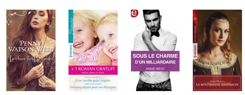 Quatre couvertures de roman tirées des éditions Harlequin.